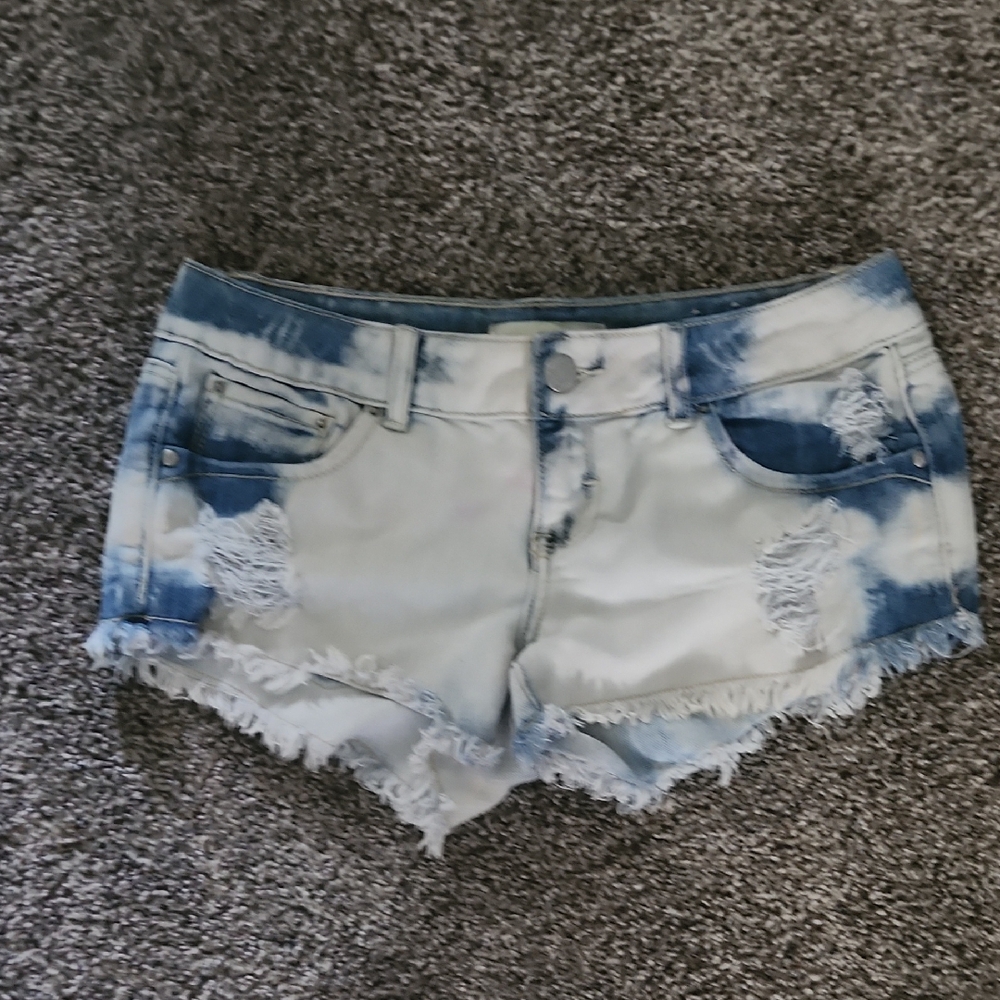 Blue and White Distressed Jean Shorts with Bleached Effect